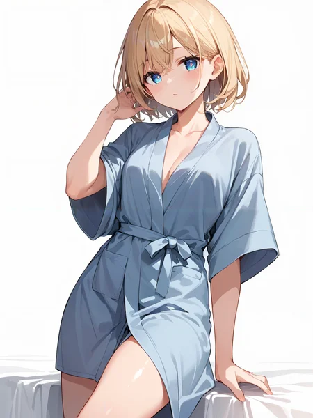 score_9, score_8_up, score_7_up,source_anime, high res image,masterpiece,best quality,girl,cute face,clear skin,shiny hair,ultra detailed eyes,simple background <lora:bathrobe_pony_V1.0:0.8> bathrobe,thighs