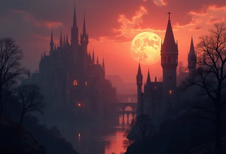 Fantasy gothic medieval city. Sunset and dark eerie atmosphere. A little nebula. Masterpiece.