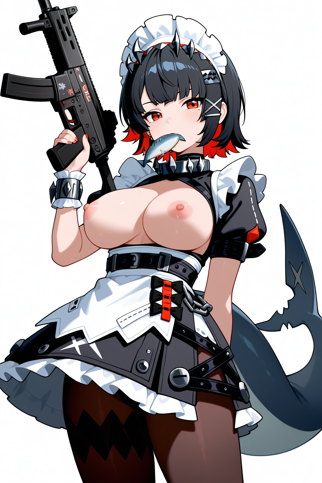ellen joe, zenless zone zero, 1girl, black hair, breasts, breasts out, brown pantyhose, fins, fish tail, gun, h&k mp5, holding, holding gun, holding weapon, large breasts, looking at viewer, maid, maid headdress, mole, mole under eye, mouth hold, multicolored hair, nipples, pantyhose, red eyes, red hair, shark girl, shark tail, short hair, simple background, solo, standing, submachine gun, tail, two-tone hair, weapon, white background, (masterpiece, best quality, very aesthetic, absurdres, ultra detailed:1.5)