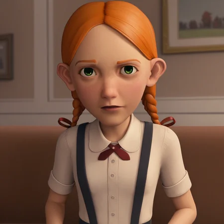 score_9_up, BREAK, JennyBennett , 1girl, solo, orange hair , twin braids, green eyes, red ribbon, white collared shirt, suspenders, suspender skirt, indoors, <lora:JennyBennett_PXL_Leaf1:1>, depth of field, on couch,