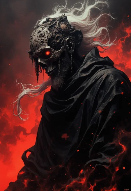 Dark, ethereal figure shrouded in deep shadow and smoke, dynamic pose, barely illuminated by faint, fiery light. A haunting skeletal mask with intricate carvings and dangling metallic adornments frames the figure's head, catching faint glimmers of light. Wisps of flowing, ghostly white hair cascade from beneath the mask, contrasting the darkness. The background is engulfed in smoldering red hues, with faint embers and flames flickering at the bottom of the image. The figure’s form appears abstract, blending into the mist and shadows, creating a sense of dread and mysticism. The atmosphere is foreboding, evoking themes of darkness, decay, and otherworldly power.
