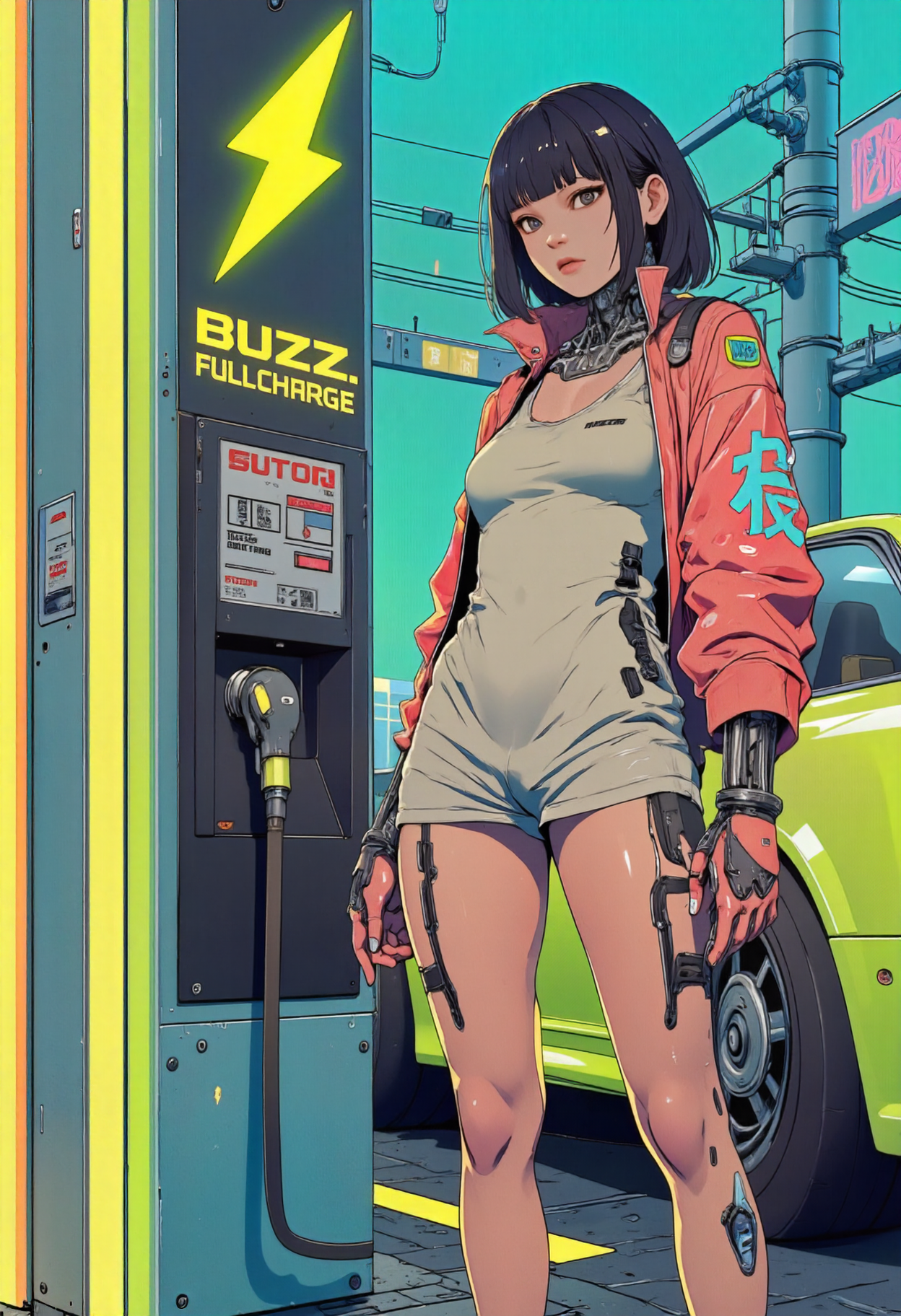 anime, cyberpunk.a  cyborg girl standing next to a modified 1994 Mitsubishi FTO GPX She uses a tank top jacket a t-shirt and shorts. She in futuristic car charge station with neon lights shaped like a lighting bolt logo and the words: "BUZZ. FULL CHARGE". Perfect hand.  
