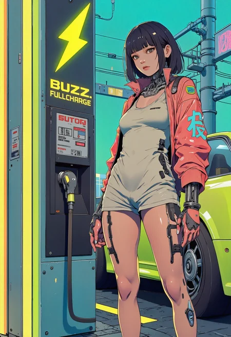 anime, cyberpunk.a cyborg girl standing next to a modified 1994 Mitsubishi FTO GPX She uses a tank top jacket a t-shirt and shorts. She in futuristic car charge station with neon lights shaped like a lighting bolt logo and the words: "BUZZ. FULL CHARGE". Perfect hand.