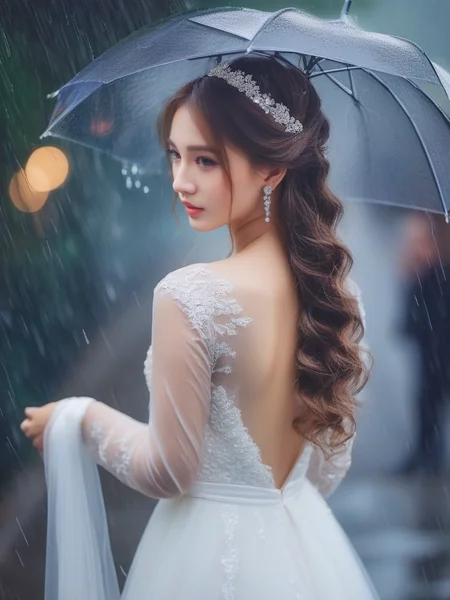 masterpiece, best quality, girl, long hair, looking at viewer, rain, wedding dress,<lora:sl_sila:0.8>