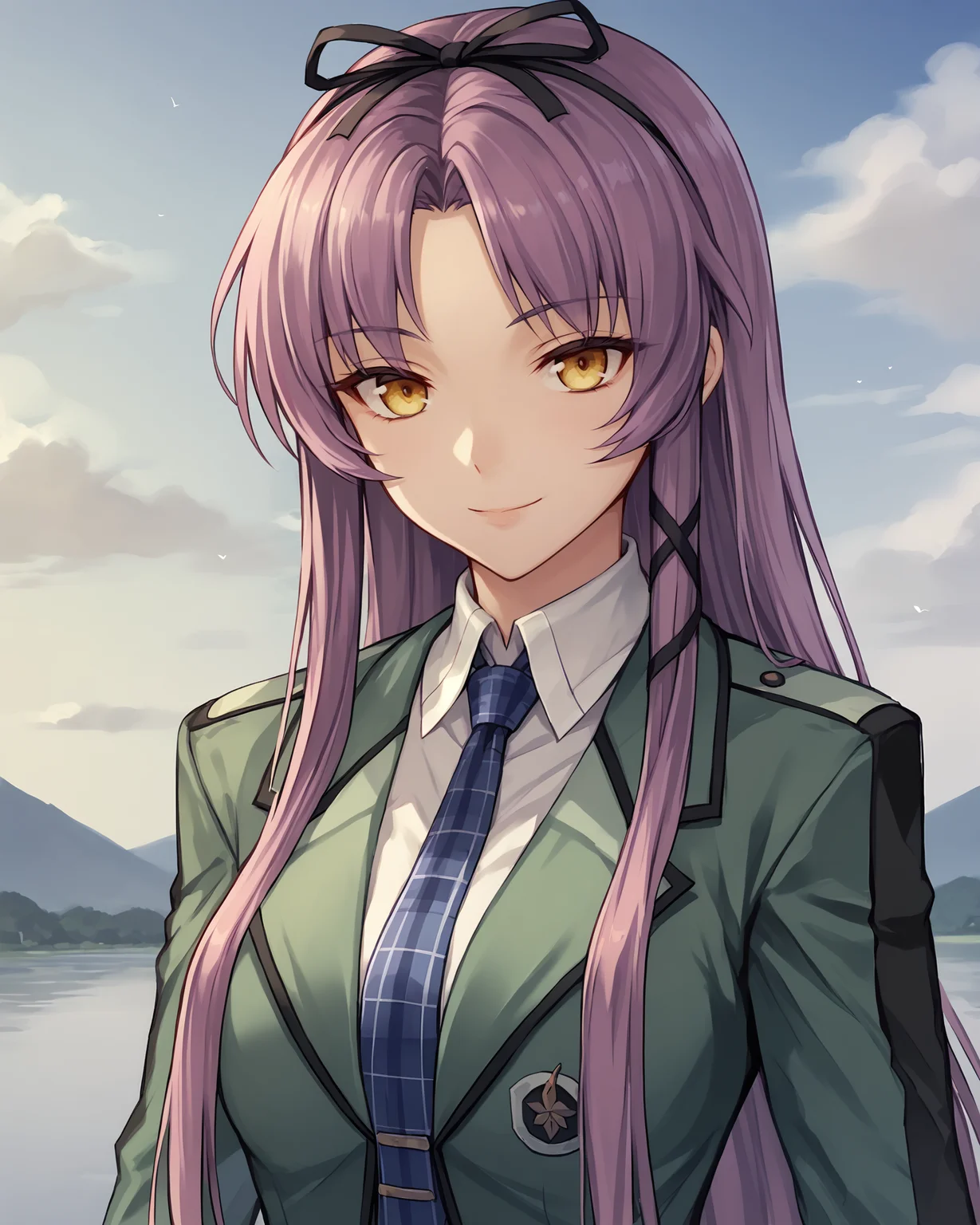 score_9, score_8_up, score_7_up, score_6_up, score_5_up, score_4_up, BREAK,
source_anime,
<lora:TrailsThroughDaybreak-Playable:0.9>, Renne Bright, yellow eyes, purple hair, long hair, parted bangs, medium breasts, hair ribbon, green jacket, blue necktie, black pleated skirt, black pantyhose, black knee boots, laced footwear,
looking at viewer, smile, upper body, portrait,
1girl, outdoors, sky, clouds, distant mountains
nyonyonba_tarou,