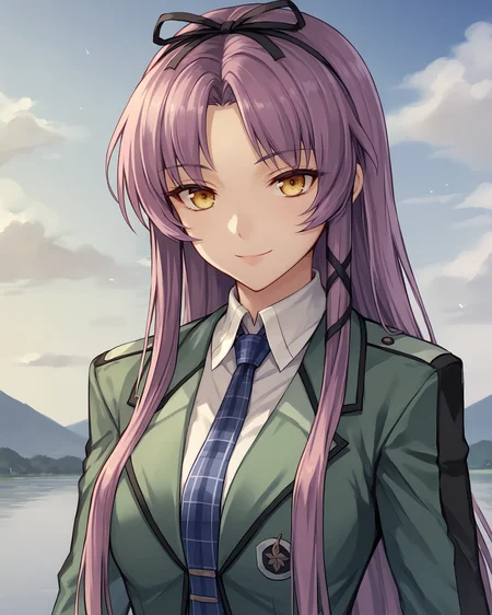score_9, score_8_up, score_7_up, score_6_up, score_5_up, score_4_up, BREAK,
source_anime,
<lora:TrailsThroughDaybreak-Playable:0.9>, Renne Bright, yellow eyes, purple hair, long hair, parted bangs, medium breasts, hair ribbon, green jacket, blue necktie, black pleated skirt, black pantyhose, black knee boots, laced footwear,
looking at viewer, smile, upper body, portrait,
1girl, outdoors, sky, clouds, distant mountains
nyonyonba_tarou,