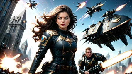 Hyperrealistic art [(30 years old girl, super wide Angle,  fullbody view, black uniform, very long hair, windy:2.5) : (known as Champions of Chaos, whose ultimate, driving goal is to transcend mortality itself by becoming a Daemon Prince:2.1) : (Throughout the path to power the Champion in loyalty to Chaos and he devolves into a mindless Chaos Spawn:2.2) : (random weather, speed effects, extremely detailed beautiful city,  a Chaos_Warfleet Battle-Space-Ships and deamon army  in a galaxy at war in the deep deatiled background:1.9):0.40], <lora:LowRA:1> <lora:SDXLHighDetail_v5:0.3>,  Extremely high-resolution details, photographic, realism pushed to extreme, fine texture, incredibly lifelike, (Hyperrealistic art (Proffesional Photography, 8k, ultra realistic, HDR:1.1),  ste4mpunk <lora:ste4mpunk:1> wh40k <lora:WH40XL:1>,  <lora:Chaos_Warfleet_-_Warhammer_40000_SDXL:1> <lora:Enhanced_XL_V1:0.1> . Extremely high-resolution details, photographic, realism pushed to extreme, fine texture, incredibly lifelike
