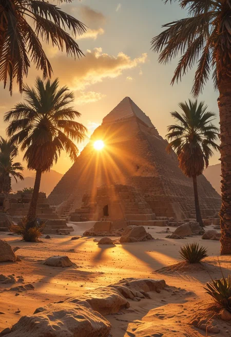 The image features a beautiful scene of a sunset over a large pyramid. The pyramid is situated in a desert landscape, with palm trees surrounding it. The sun is setting in the background, casting a warm glow over the scene. The overall atmosphere is serene and captivating, showcasing the majesty of the ancient structure.