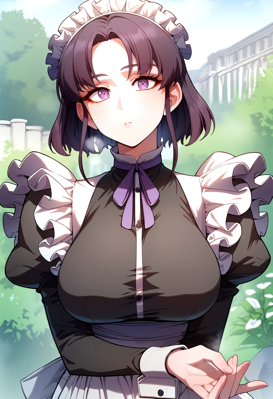 score_9, score_8_up, score_7_up, score_6_up, source_anime, rating_explicit, <lora:neg4all_bdsqlsz_V3.5:2.0>1girl, (solo:1.2), huge breasts, <lora:Ninaponyxl:1> maid headdress, short hair, purple eyes, black hair, bangs, maid, black dress, long sleeves, neck ribbon, puffy sleeves, frills, purple ribbon, juliet sleeves, maid apron, expressionless, Narrow shoulders, heavy breathing, steaming body, garden, outdoor, looking at viewer
