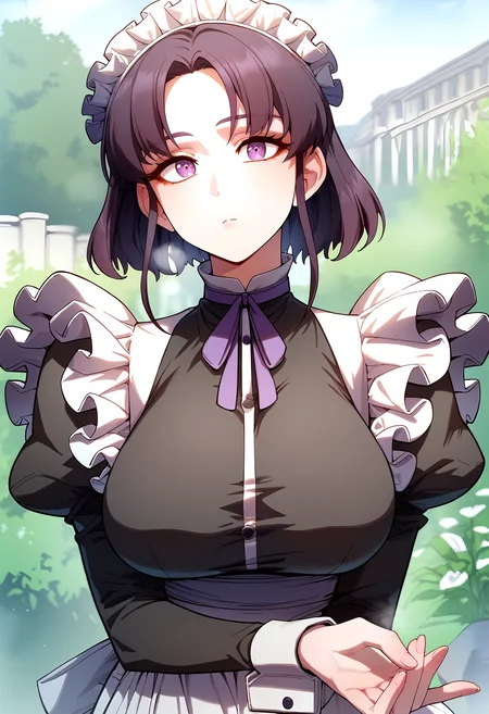 score_9, score_8_up, score_7_up, score_6_up, source_anime, rating_explicit, <lora:neg4all_bdsqlsz_V3.5:2.0>1girl, (solo:1.2), huge breasts, <lora:Ninaponyxl:1> maid headdress, short hair, purple eyes, black hair, bangs, maid, black dress, long sleeves, neck ribbon, puffy sleeves, frills, purple ribbon, juliet sleeves, maid apron, expressionless, Narrow shoulders, heavy breathing, steaming body, garden, outdoor, looking at viewer