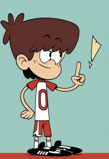 (score_9 | score_8_up | score_7_up) ((masterpiece:1))(best quality,very high quality,ultra detailed:1.2) (2D,cartoon style,anime style)(Smooth:2)(clean blurring) (four fingers on each hand,one thumb on each hand:1), Boy Lynn loud, solo, 1boy, Brown hair, thick Brown hair, round nose, freckles, red And white jersey shirt with a 0 on it, red And white shorts, white socks, black shoes