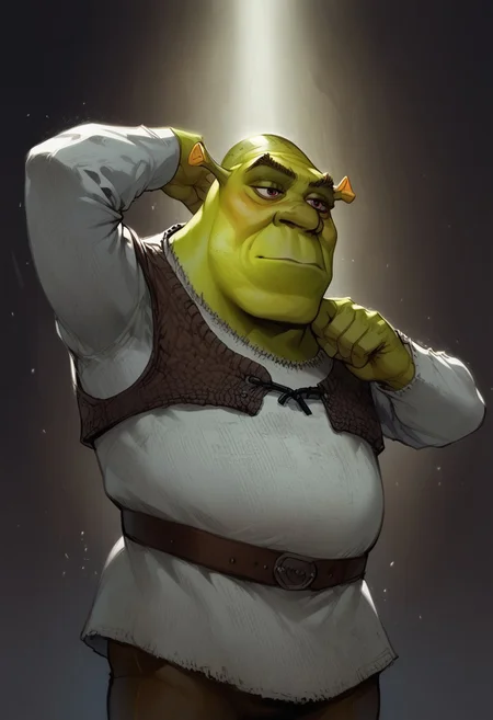 score_9, score_8_up, score_7_up, BREAK, 1men cowboy-shot, beautiful, dramatic lights ((Shrek, green skin, ogre, dancing, Shikairo Days Dance))
