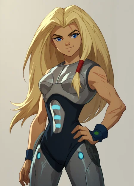 <lora:TorunnPony2.0:0.9> torunn, 1girl, long hair, blonde hair, solo, blue eyes, bodysuit, breastplate, smile, score_9, score_8_up, score_7_up, score_6_up, score_5_up, score_4_up, looking at viewer, hand on own hip, cowboy shot,simple background,