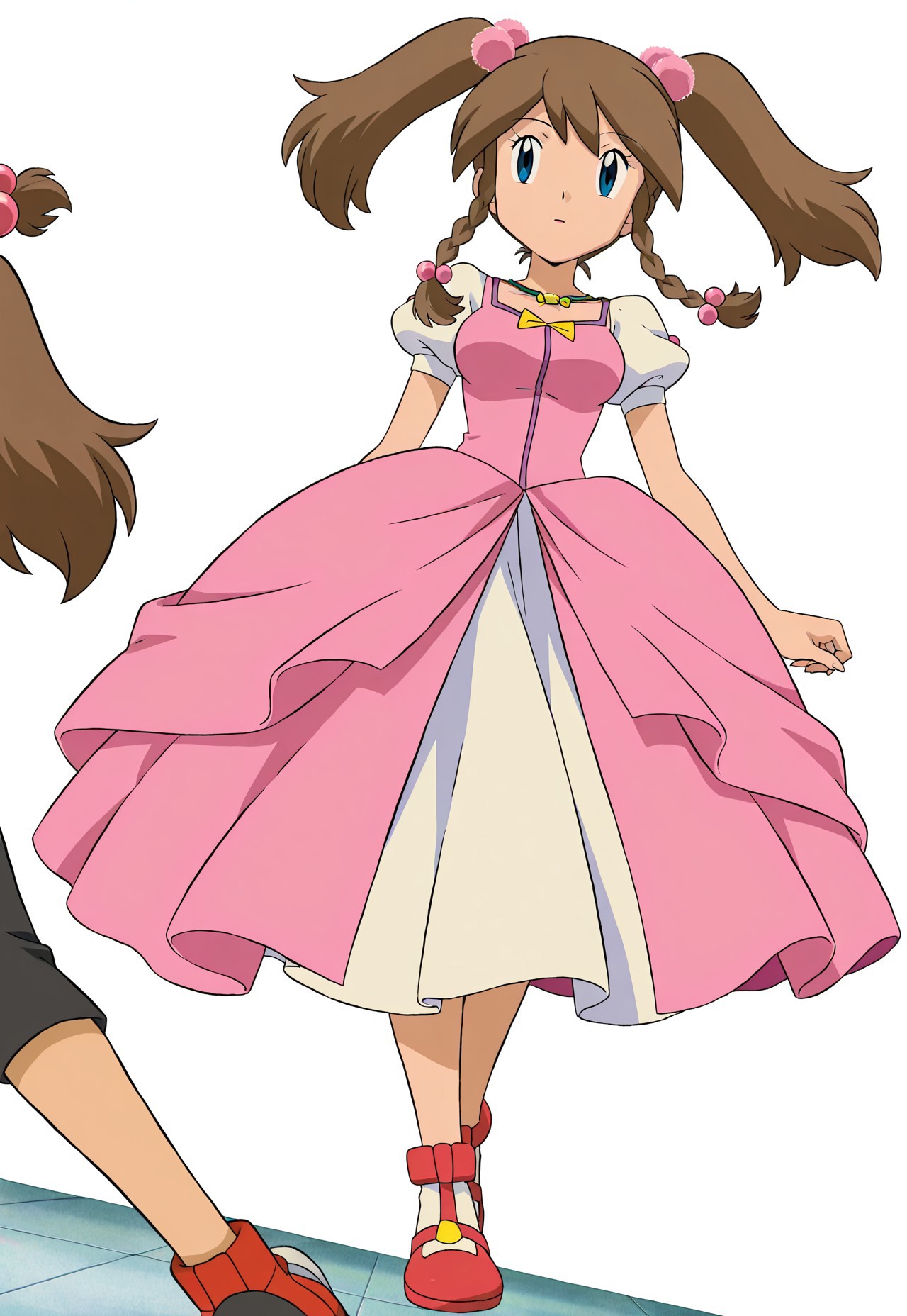 pokemon may, haruka, brown hair, twintails, braid, blue eyes, twin braids, hair ornament, dress, pink dress, hair bobbles, front view, white background, solo focus,medium breasts, dynamic angle, anime art style, anime coloring, Anime Screencap, full body, 