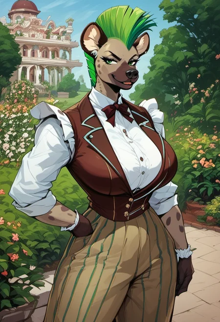 score_9, score_8_up, score_7_up, best quality, masterpiece, highres, Marcie, anthro hyena girl, green mohawk, wolfcut, deatiled green eyes, huge breasts, old mansion, beginning of 20th century clothes, suede pants, suede vest, cowboy shot, renaissance garden,