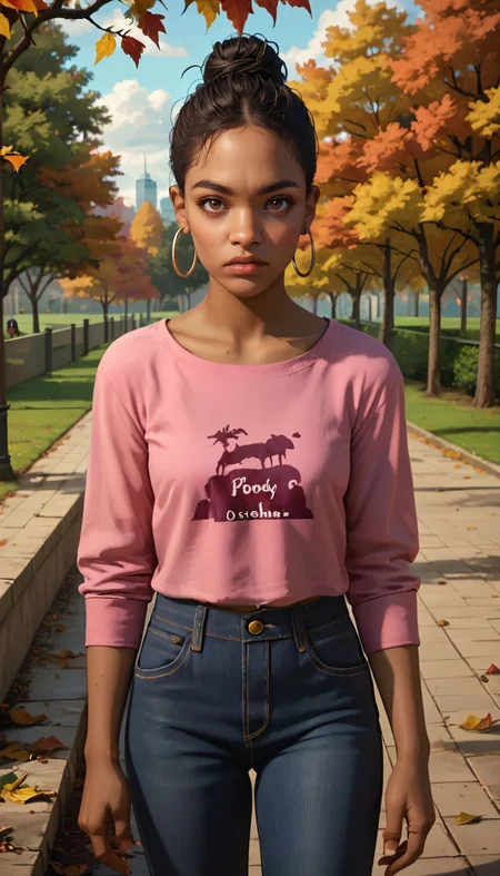 zPDXL3, <lora:l4d_rochelle:.8>,
l4d_rochelle, dark skinned female, brown eyes, black hair, hair bun, hoop earrings, pink shirt, jeans, looking at viewer, serious, standing, outside, park, trees, autumn, overcast,
