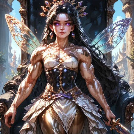 Action scene, detailed, photo realistic, hyper realistic, score_9, rating_safe, solo ((arch fey, violet eyes, (beautiful woman, white underbust corset, skirt, pants, sword belt, and holding a sword), ((bronze metallic gold skin ral-polishedsteel)), ((huge muscles, muscular shoulders, muscular thighs, muscular biceps, small petite breasts)), (fairy wings), (long black hair))), (standing next to a multicolored crystal throne, in a detailed throne room filled with treasures, detailed lighting), hi res, hi quality, 4k, concept art, digital art, realistic, detailed background, lens flare, pixel art, piratical beauty, great lighting
