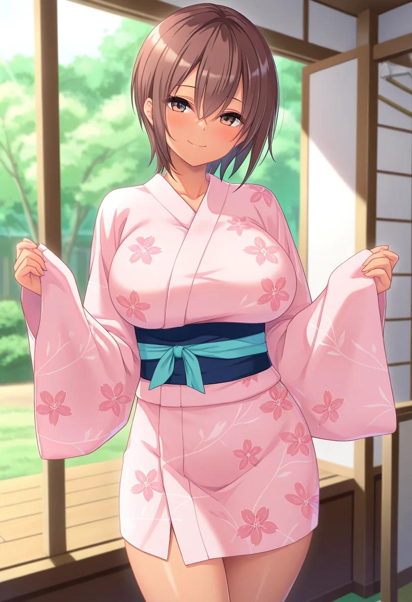 masterpiece, best quality, amazing quality, absurdres, 1girl, solo, cowboy shot, sakiww, dark skin, tan, brown eyes, brown hair, short hair, hair between eyes, large breasts, pink kimono, yukata, sandals, looking at viewer, smile, indoors, day, skindentation, detailed clothing folds, depth of field, sharp, high contrast, dynamic light <lora:Koike_Saki_Tsun_M_ill:0.8>