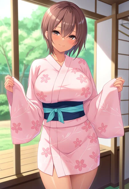 masterpiece, best quality, amazing quality, absurdres, 1girl, solo, cowboy shot, sakiww, dark skin, tan, brown eyes, brown hair, short hair, hair between eyes, large breasts, pink kimono, yukata, sandals, looking at viewer, smile, indoors, day, skindentation, detailed clothing folds, depth of field, sharp, high contrast, dynamic light <lora:Koike_Saki_Tsun_M_ill:0.8>