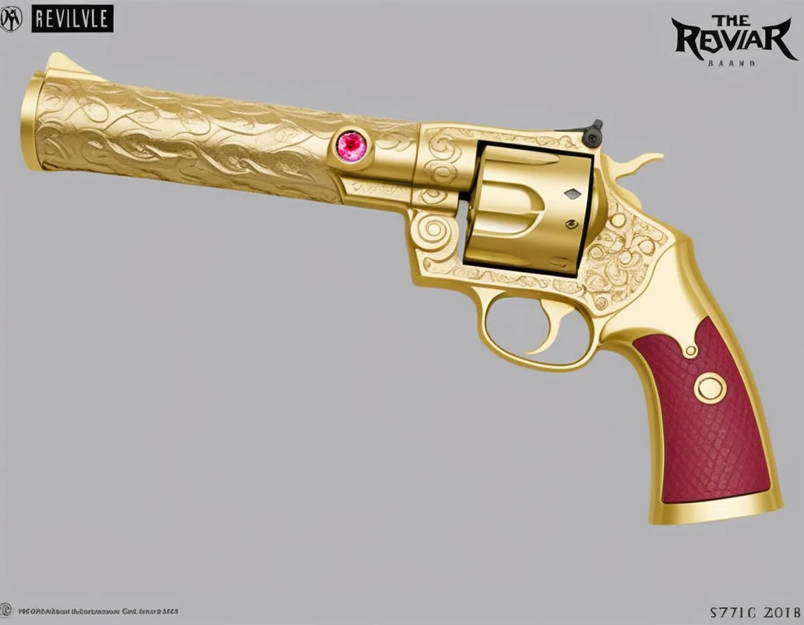 engraving, texture, ruby, gem, The image showcases a meticulously detailed revolver, designed with a pink and white color scheme that imbues it with a unique aesthetic. The revolver's body features elaborate gold-bordered engravings, adding an elegant touch to its appearance. The barrel is white, accented with intricate gold decorations that enhance its sleek design. Centrally located on the revolver is a prominent green gem, which serves as a striking focal point. Behind the revolver, a mystical magic circle glows subtly, its intricate patterns and symbols weaving a backdrop that adds to the weapon's magical and fantastical allure. This revolver, while retaining elements of realism, is stylized to evoke a sense of magic and fantasy, appealing to those who appreciate a blend of modern weaponry and imaginative flair., <lora:girl_toy_style:0.8>,