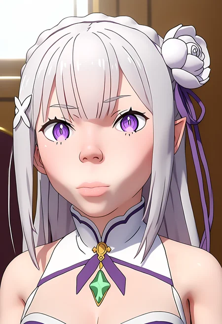 score_9, score_8_up, score_7_up, source_anime,
BREAK
1girl, solo, 3d,
<lora:shiEmiliaV2:0.7> shimilia, long hair, grey hair, purple eyes, pointy ears, crown braid, hair flower, hair ribbon, purple ribbon, x hair ornament, white dress, cleavage, bare shoulders,
<lora:shiMewingFaceV1:1.0>, shimewing, closed mouth, lips, nose, raised eyebrows, meme, looking at viewer, jaw,
upper body,