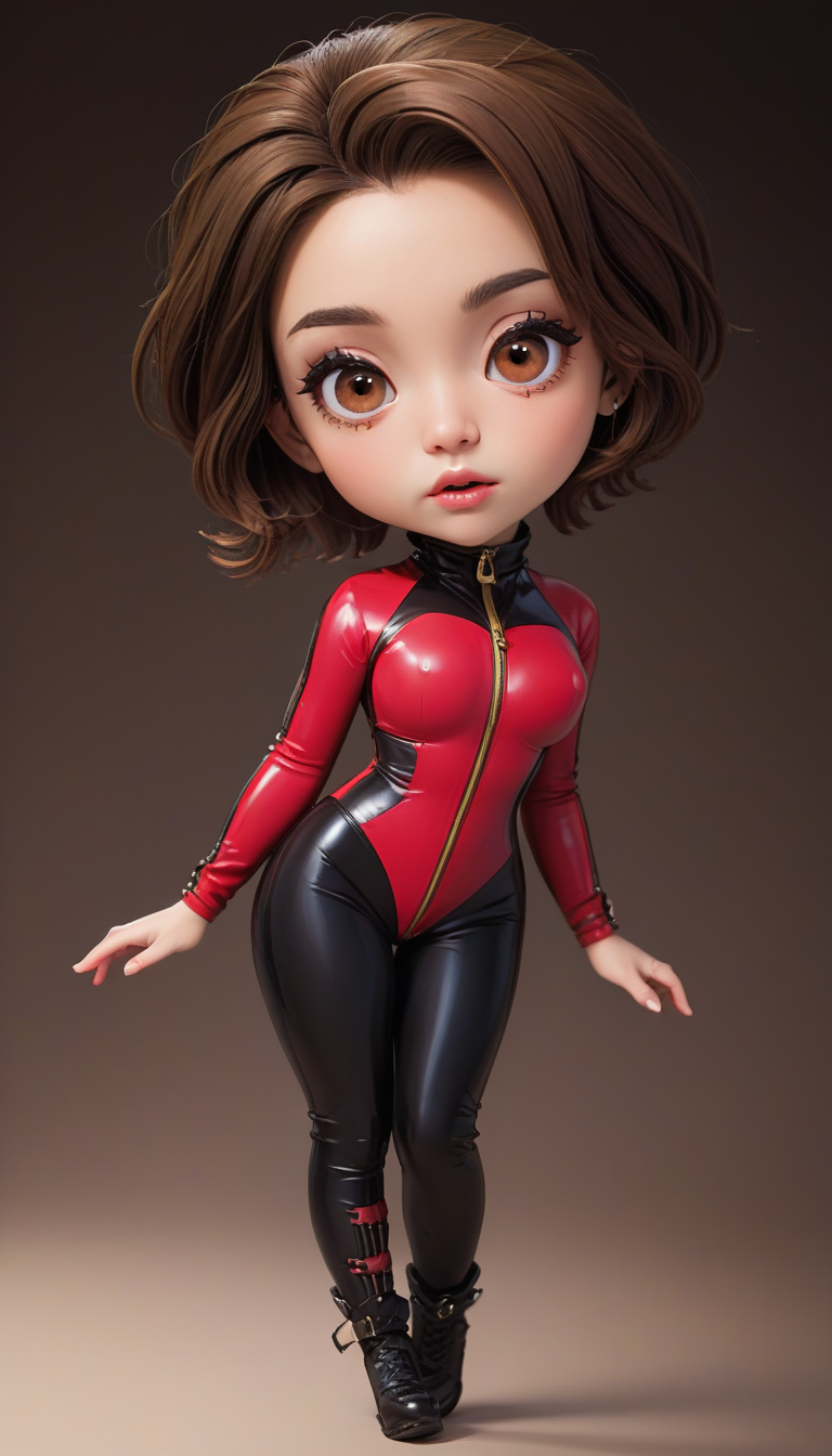 clear image, accurate picture, clear picture, precise image, focused image,
(masterpiece:2, best quality:2),  studio photo, gorgeous,
(somechibi, chibi, 1girl, solo, brown hair, brown eyes, bodysuit, breasts, looking at viewer, full body, parted lips, latex, Black Red Latex Catsuit, catsuit, skin texture),
perfect face, gorgeous face, small aesthetic nose, striking large eyes, (masterpiece:1.8), (highest detailed:1.8), perfectly lighted, (contrast), (saturated), (((sharp focus))), (hyperdetailed:1.3), (intricate details:1.2), (Refined details:1.3), (best quality:1.5), highly detailed textures, vibrant colors, (finely detailed beautiful eyes and detailed face),extremely detailed CG unity 8k wallpaper,
<lora:SomeChibi_Chibi_Style:1>