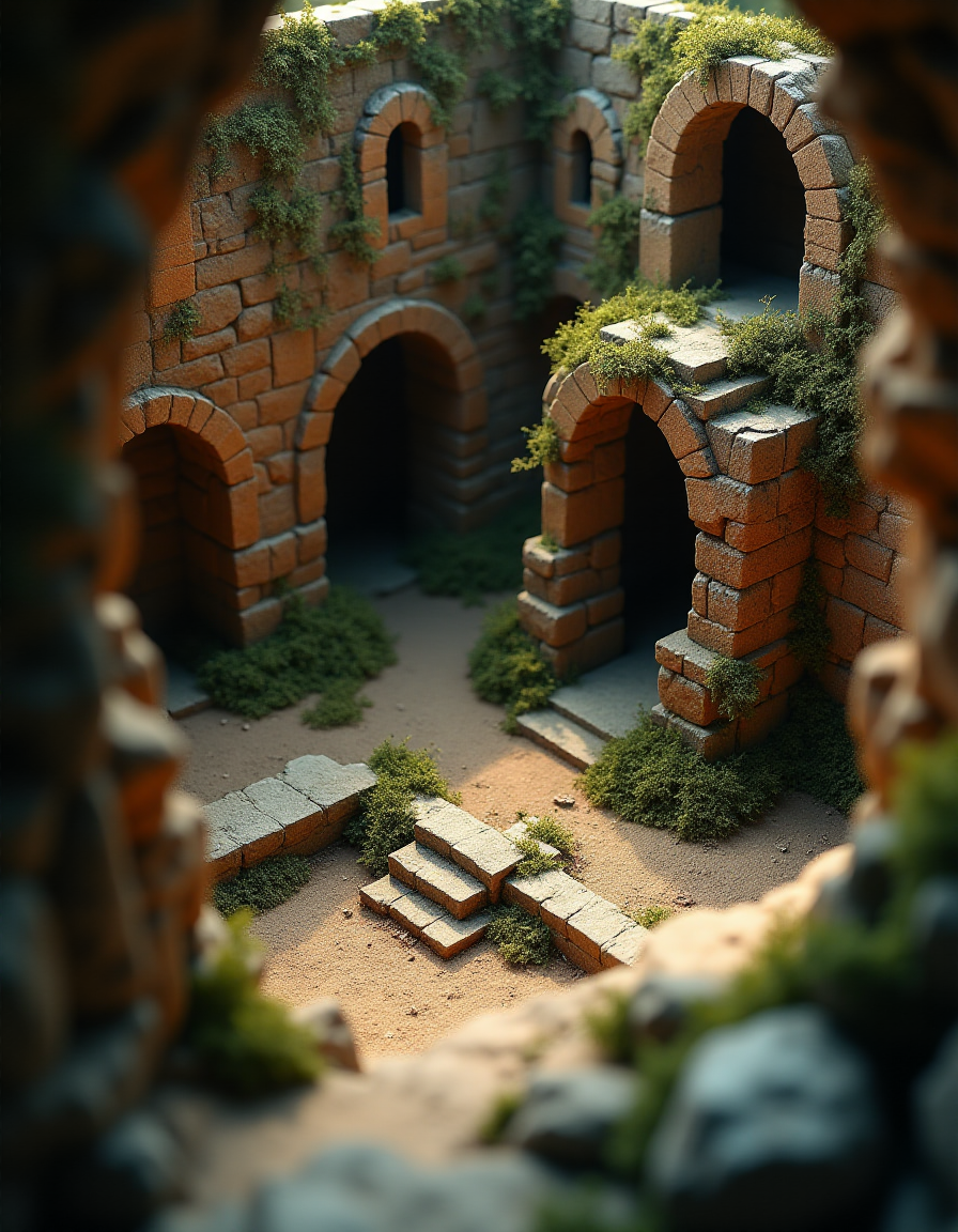 (indoor,very wide isometric view,tilt-shift lens:1.6), (miniature,diorama,no_realistic,no_photo:2) of (stasis _chamber:1.5), ruins