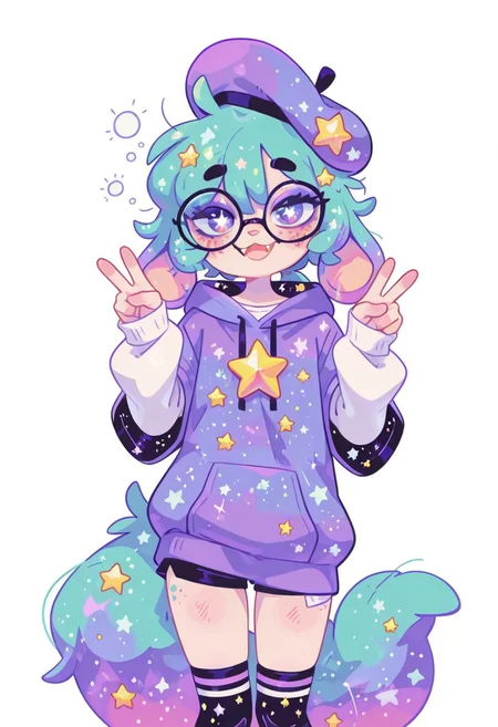 smooth quality, masterpiece, absurdres, very_aesthetic,   colorful, pastel colors, freckles, momosp, galaxy, 
BREAK
((tired, slim_body, sleepy, slight smile, body blush, soft skin, animal ears, kemonomimi, androgynous, otoko no ko, well developed face, purple eyes, big eyes, big pupils, turquoise hair, short hair, low ponytail, large ears, fluffy ears, (floppy ears:1.5), eyeliner, black eyeliner, purple eyeshadow, turquoise fox tail, fangs, dog nose, star decorations, white shirt, shorts, purple hoodie, short over long sleeves, long socks, paws, purple beret, scrawny, focused, calm, warm, cozy, oversized glasses))
BREAK 
solo, tanzanite, diivstyle, best quality, flat color, no lineart, no outline, blurry background, depth of field, thick eyelashes, goth, black ink, looking at viewer
BREAK 
paw_pose, cute, smile, white background, standing, double v