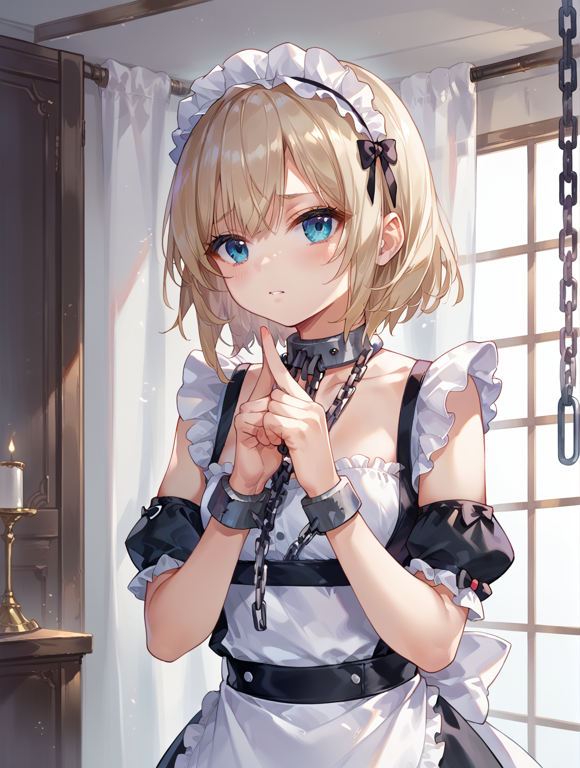 score_9, score_8_up, score_7_up,source_anime,
indoors,upper body, 
bondageplay,1girl,maid, frilled dress, 
bound wrists, chain, 
 <lora:bondage1:0.7>
