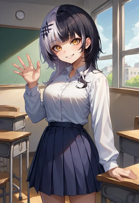 score_9, score_8_up, source_anime, 1girl, solo, ShioriNovella, split-color hair, white hair, black hair, yellow eyes, hair ornament, classroom, window, school uniform, dress shirt, pleated skirt, waving at viewer, smile, <lora:ChamShioriNovellaPonyXLCame-000008:1>