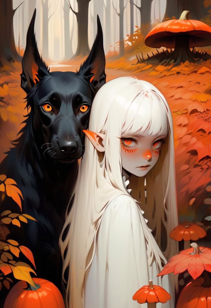 autumn orange forest, little elf child, carved pumpkin head, black trench coat, Irish wolfhound, frogs and fly agaric mushrooms on ground, by alan m clark and the brothers hildebrandt, orange demon girl with lethargic sleepy smoky eyes, white curls , insect eyes, antenna , mesh fishnet blouse, (long intricate horns:1.2)