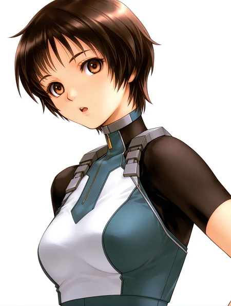 masterpiece,best quality,newest,
1girl,solo,
<lora:Aizawa_Momo_ilxl_v1.0>,momo_a,ahoge,brown hair,short hair,brown eyes,
m_suit,turtleneck,skin tight,bodysuit,crop top,short sleeves,fingerless gloves,leotard,
<lora:Fixhands_anime_bdsqlsz_V1:1>,white background,looking at viewer,simple background,face_focus,upper_body,looking_at_viewer,:o,profile,dynamic_angle,cinematic_angle,dutch angle,