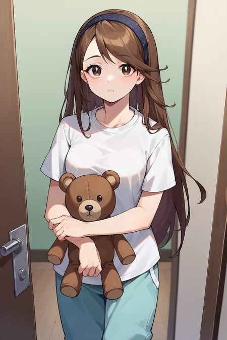 score_9, score_8_up, score_7_up, score_6_up, source_anime, BREAK 1girl, solo, <lora:agnesoblige-pdxl-nvwls-v1-000005:1> defagnes, brown hair, brown eyes, long hair, hairband, white t-shirt, pajama pants, sleepy, holding teddy bear, doorway, indoors, looking at you, medium breasts
