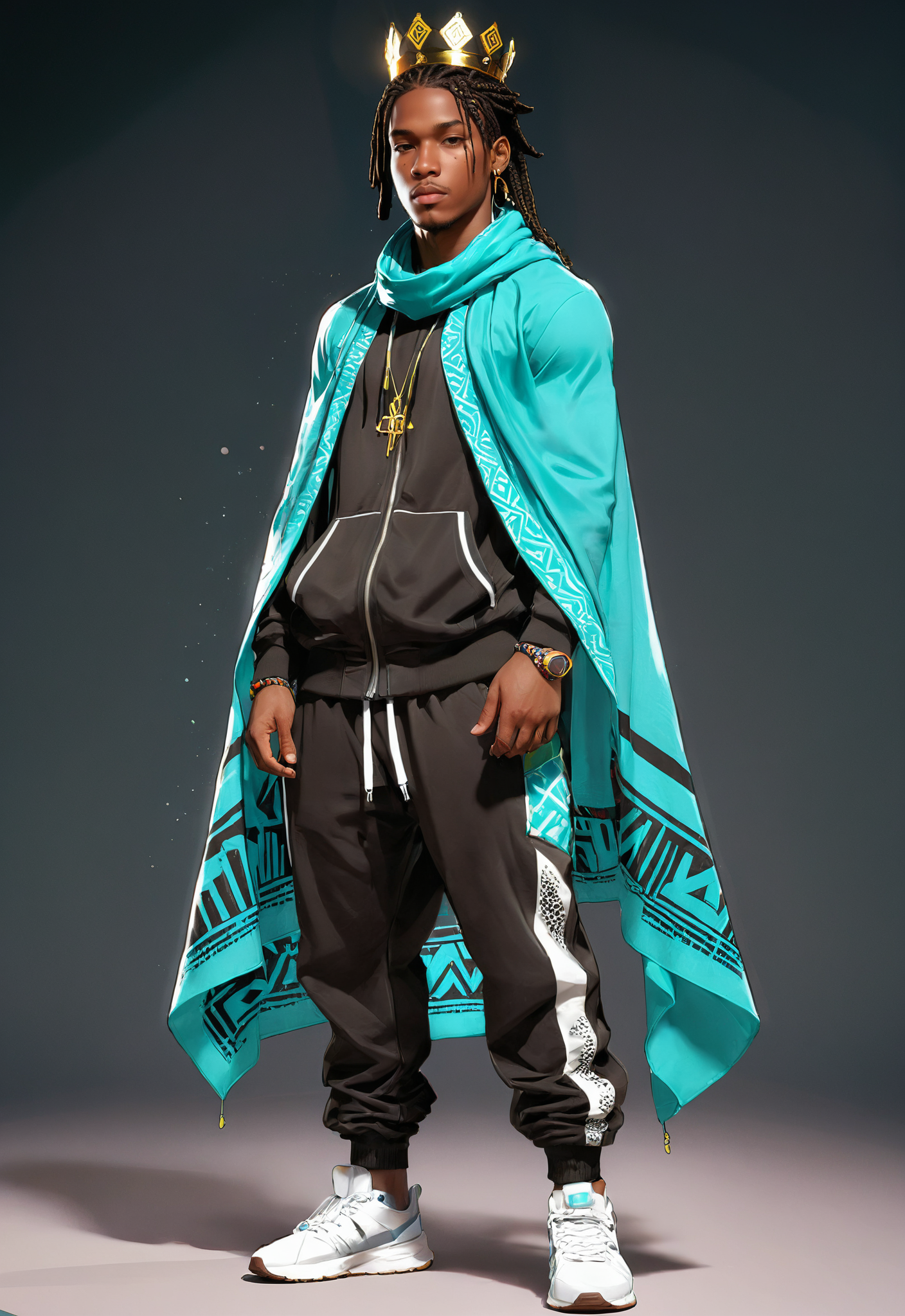 <lora:OMG-Is-DucHaiten_v1.0:1>, character concept art with dynamic poses for a young African Prince hair of braids, wearing track suit, tribal print cloak-scarf and a halo, crown, halo-crown hovering his head. He's Agile. urban decay cyberpunk. urban fashion, tracksuit, simple detail, flat colors, in the style of Satoshi Kon, flat colors