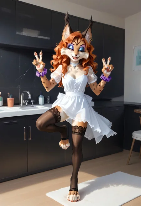 score_9, score_8_up, score_7_up, source_furry, Slender, slim, fit, adult female lynx, green eyes, (eyeliner:1.9), (eyeshadow:1.9), feminine eyelashes, (paws:1.3), small claws, fang, paw pads, (wavy hair, orange hair, violet highlghts:1.4), (scrunchie:1.3), jewel choker, bracelets, open-toe stockings, leg up, cheerful expression, smile, wink, furry, (lace trim:2), glitter shirt, cutout shirt, cleavage, bow detailing, (correct anatomy:2), Miyu, standing pose, view from behind