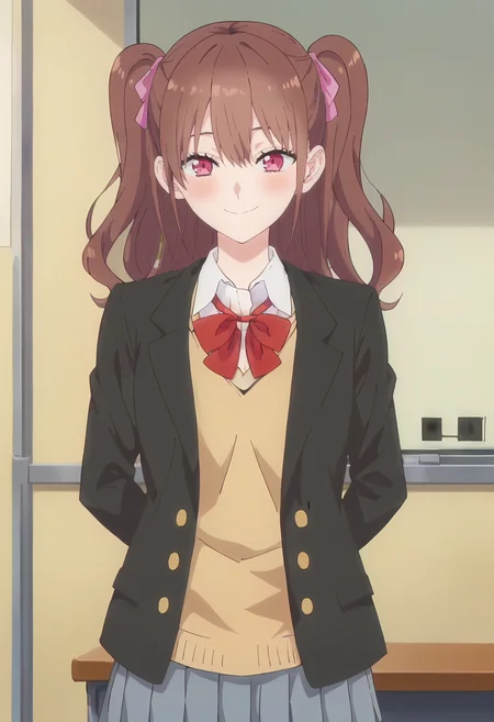 Mikari Tachibana, 1girl, ribbon, brown hair, two side up, solo, hair ribbon, pink eyes, long hair, twintails, blush, pink ribbon, school uniform, bow, jacket,red bowtie,white shirt, red bow, collared shirt, necktie, red ribbon, neck ribbon , wing collar, looking at viewer, smile <lora:Mikari Tachibana:0.9>, score_9, score_7_up,anime coloring ,source_anime, anime, anime screencap