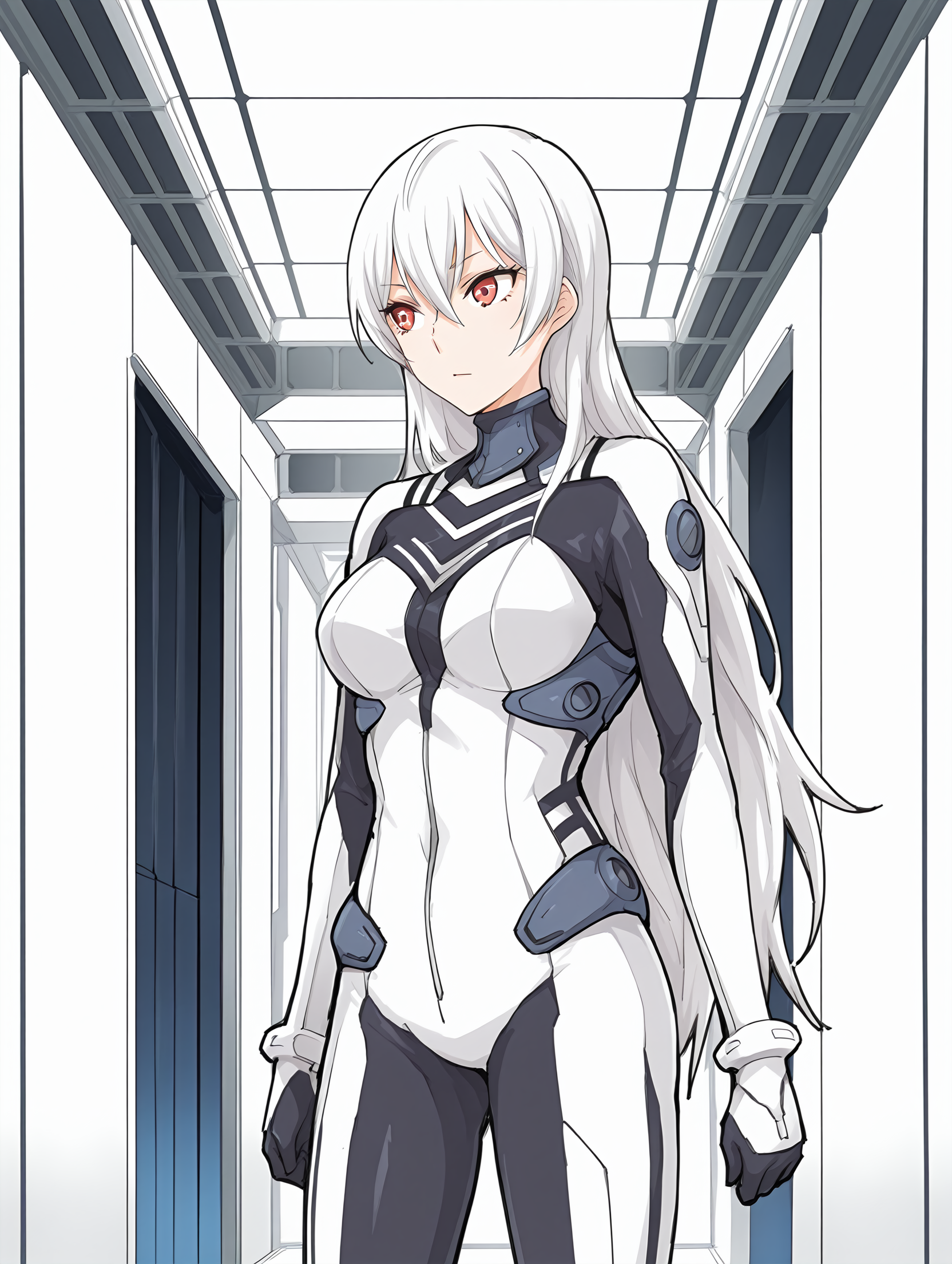 <lora:SDXL_kindred_spirits_on_the_roof__OkujÅ_no_Yurirei-san__å±ä¸ã®ç¾å:1> kd_vnstyle,sketch,
<lora:Haruka_Kuramori_Public_Defense_Force_-_Illustrious:0.65> haruka kuramori, white hair, red eyes, bodysuit,
cowboy shot,
1girl,solo,
standing, inside, science fiction building, white walls,