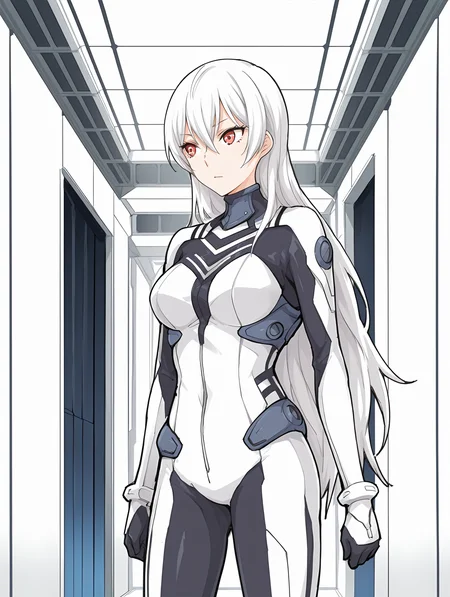 <lora:SDXL_kindred_spirits_on_the_roof__OkujÅ_no_Yurirei-san__å±ä¸ã®ç¾å:1> kd_vnstyle,sketch,
<lora:Haruka_Kuramori_Public_Defense_Force_-_Illustrious:0.65> haruka kuramori, white hair, red eyes, bodysuit,
cowboy shot,
1girl,solo,
standing, inside, science fiction building, white walls,