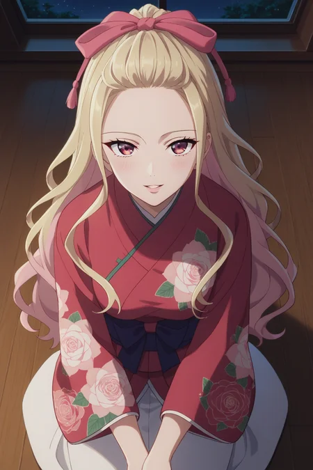 score_9, score_8_up, score_7_up, source_anime, 1girl, prefect lighting, very aesthetic, intricate details, highly detailed background, masterpiece, high quality, prefect hands, best quality, solo,
<lora:Kaya_Saimori_My_happy_marriage_V1:.85>, blonde hair, pink eyes, bangs pinned back, long hair, pink hair ribbon,
white kimono, floral print, red kimono, back bow,
POV, from above, bow, kneeling, hands on lap, smile, blush, parted lips, looking at viewer,
night, nighttime, east asian architecture, dark room, bedroom, traditional bedroom, window, wooden floor, dimly lit,
(Beautiful, medium Breasts:1.2), natural breasts,