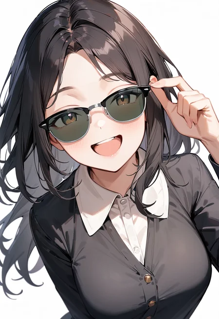 masterpiece, best quality, very aesthetic, absurdres,
1girl, solo, black hair, long hair,
sirmont, sunglasses, darkgreen-tinted eyewear, black-framed eyewear, grey-framed eyewear, two-tone eyewear,
collared shirt, happy, smile, looking at viewer, adjusting eyewear, white background, simple background,
<lora:sunglasses_CLUBMASTER_SDXL_V1:1>