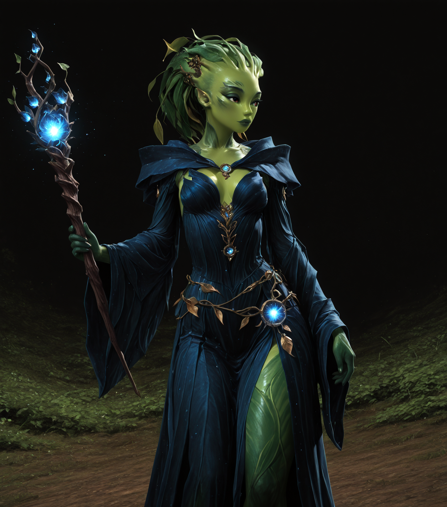 masterpiece, best quality, amazing quality, <lora:GW2_Silvari_Race_Style-IL:1> sylvari, plant race, solo, green skin, hair made of leaf, plant hair, <lora:AddMicroDetails_Illustrious:0.45> addmicrodetails, Wizard, Flowing robes, holding wand, adorned with mystical symbols and gems, masterpiece, best quality, amazing quality