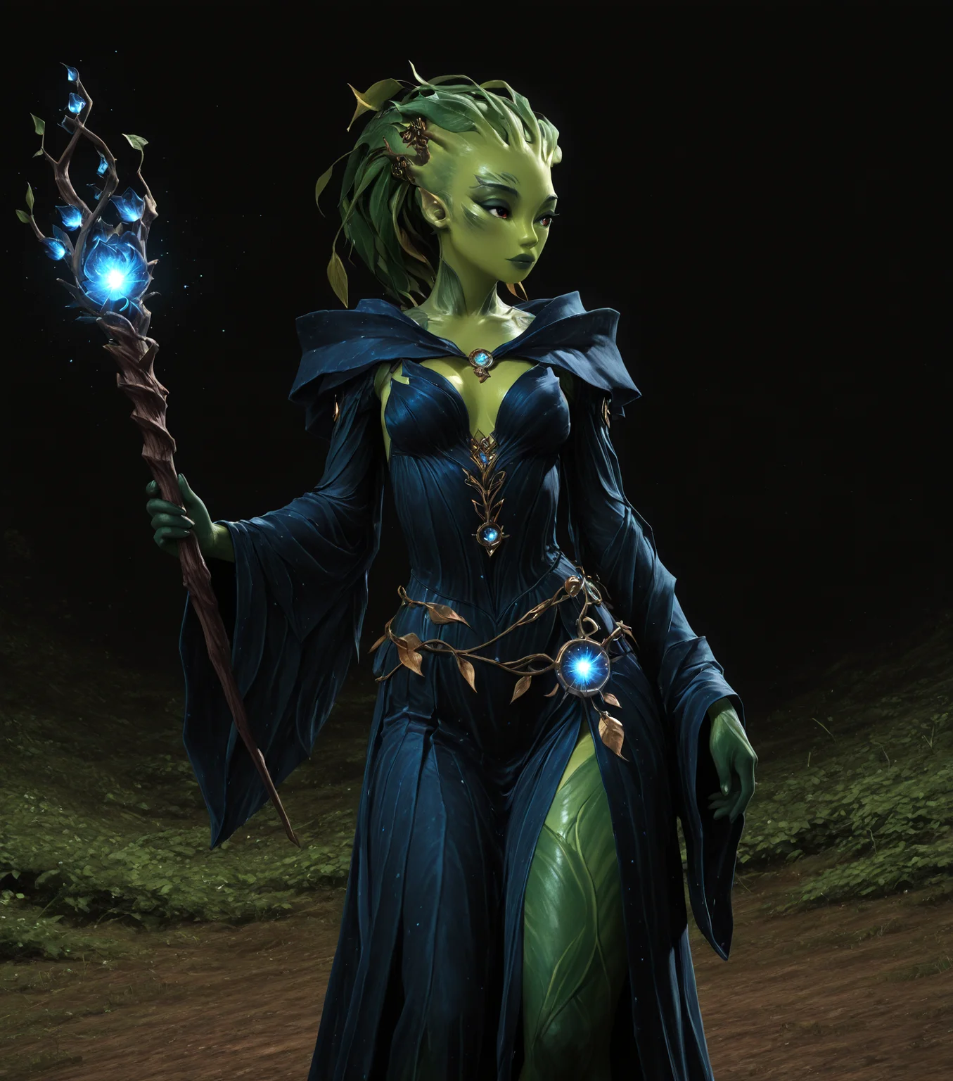 masterpiece, best quality, amazing quality, <lora:GW2_Silvari_Race_Style-IL:1> sylvari, plant race, solo, green skin, hair made of leaf, plant hair, <lora:AddMicroDetails_Illustrious:0.45> addmicrodetails, Wizard, Flowing robes, holding wand, adorned with mystical symbols and gems, masterpiece, best quality, amazing quality
