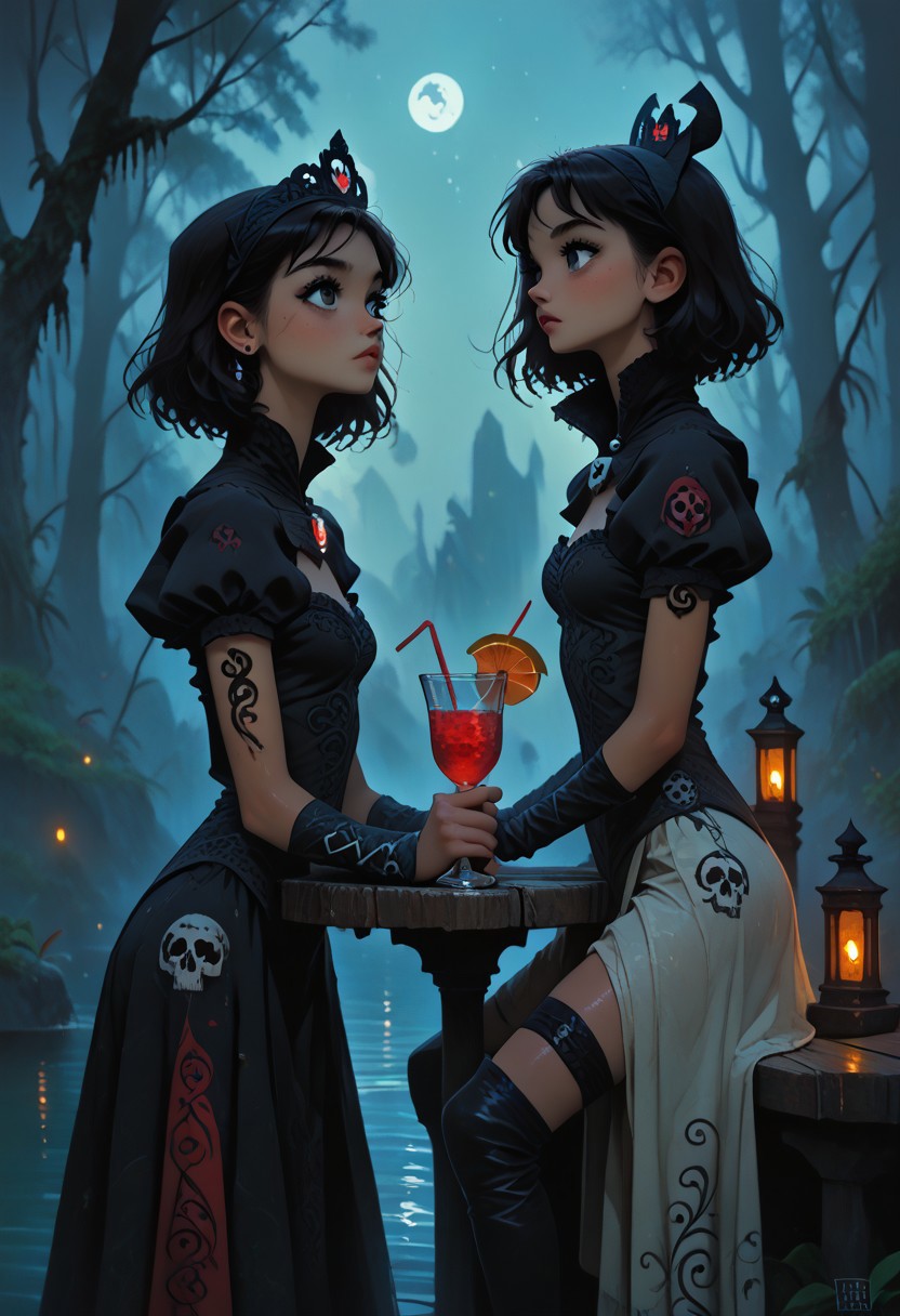 score_9, score_8_up, score_7_up, score_6_up, masterpiece, two stunning women, (women focus), , 2 adult women Elsa and Snow White,, cocktail dresses, sitting together on a pier, looking at another, black hair, short hair, disheveled hair, long brown hair, , easynegative, sinozick style, flat color, dark theme, slimes_skullwm, made of skulls, shiny skin, shiny, Stable_Yogis_PDXL_Negatives, FFanime Style, g4n1m3