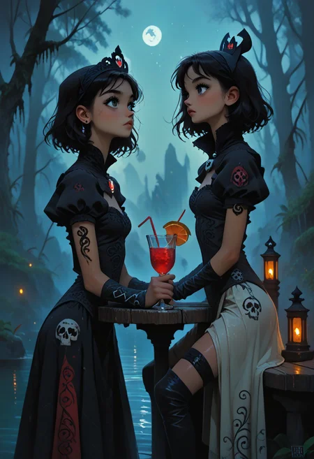 score_9, score_8_up, score_7_up, score_6_up, masterpiece, two stunning women, (women focus), , 2 adult women Elsa and Snow White,, cocktail dresses, sitting together on a pier, looking at another, black hair, short hair, disheveled hair, long brown hair, , easynegative, sinozick style, flat color, dark theme, slimes_skullwm, made of skulls, shiny skin, shiny, Stable_Yogis_PDXL_Negatives, FFanime Style, g4n1m3