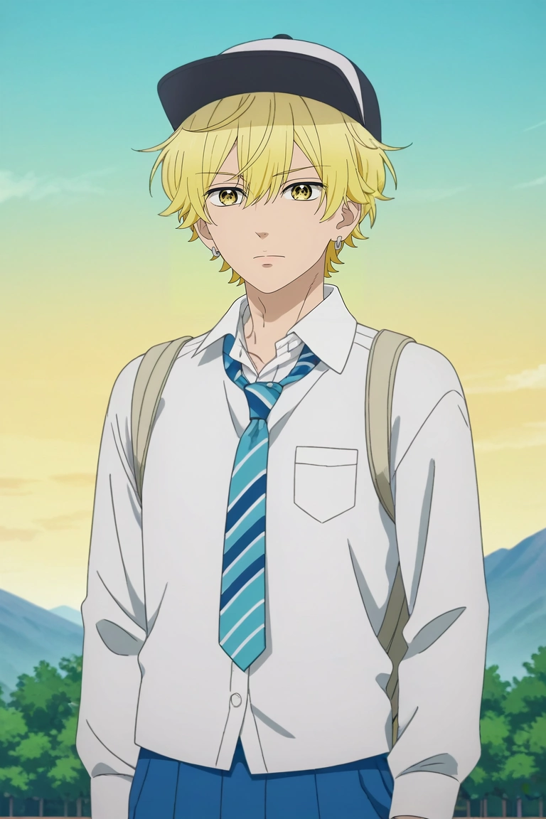 score_9, score_8_up, score_7_up, source_anime, rating_safe, , anime screencap, anime coloring, official style, , 1boy, solo, male focus, <lora:kai_miura_pony:1>, kai_miura, blonde hair, yellow eyes, short hair, bangs, hair between eyes, , white shirt, school uniform, necktie, baseball cap, mountain overlook, panoramic view, standing on cliff edge, wind tousling hair, adventurous expression, crisp light, zombie hunter costume, <lora:sdxl_lightning_8step_lora:1>