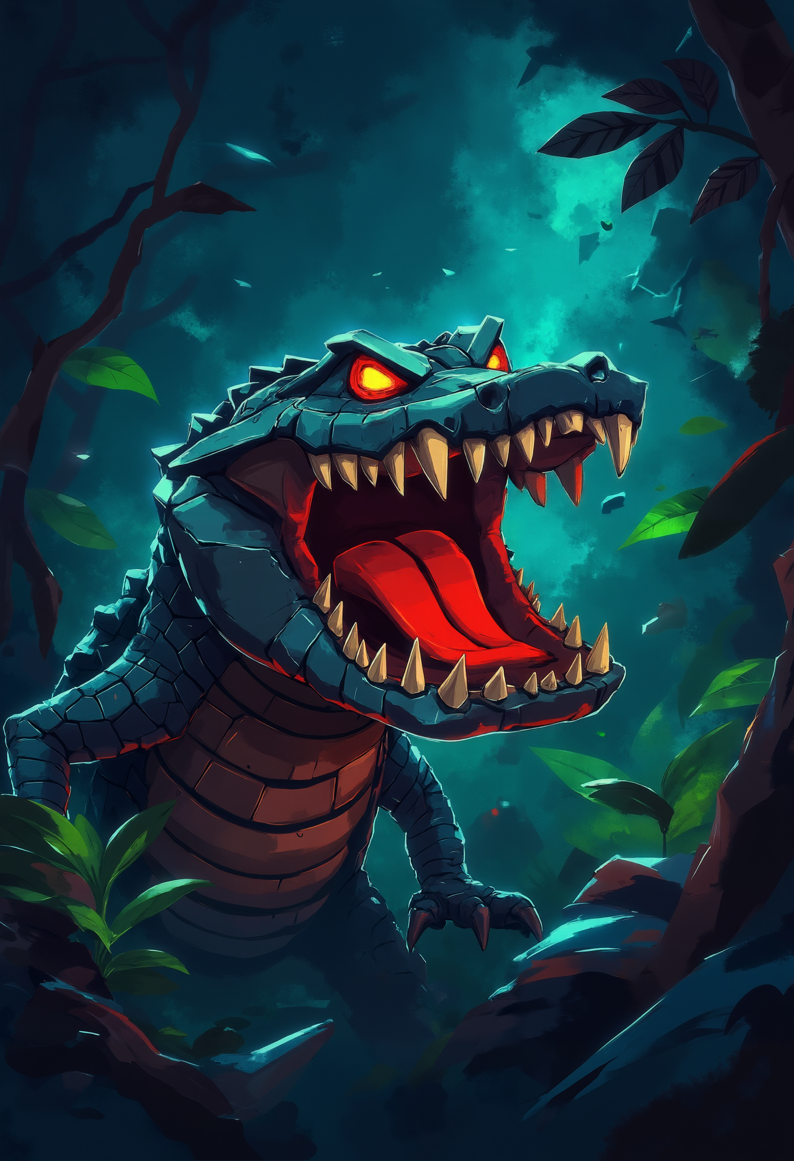 pst009, An Alligator is yelling at you in the jungle, in jungle, dynamic, hearthstone style,