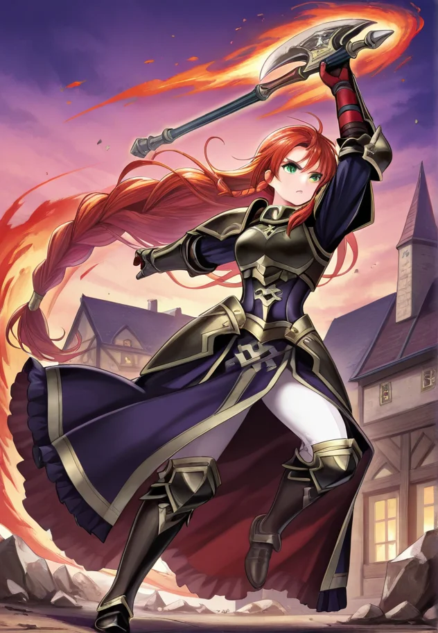 masterpiece, best quality, amazing quality, very aesthetic, absurdres, newest, detailed background, town, debris,
feh, magicaura, magic, fire,
1girl, long hair, solo, red hair, armor, braid, weapon, green eyes, axe, single braid, holding, full body, gauntlets, boots, shoulder armor, very long hair, holding weapon, looking at viewer
<lora:Fire_Emblem_Heroes_Style:1> <lora:Magic_Aura:1>