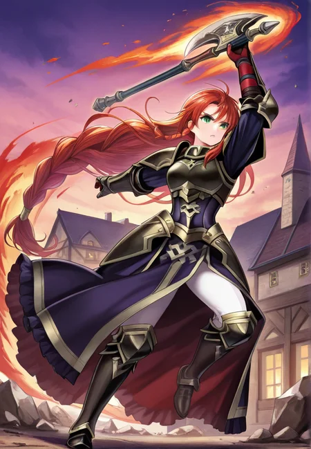 masterpiece, best quality, amazing quality, very aesthetic, absurdres, newest, detailed background, town, debris,
feh, magicaura, magic, fire,
1girl, long hair, solo, red hair, armor, braid, weapon, green eyes, axe, single braid, holding, full body, gauntlets, boots, shoulder armor, very long hair, holding weapon, looking at viewer
<lora:Fire_Emblem_Heroes_Style:1> <lora:Magic_Aura:1>