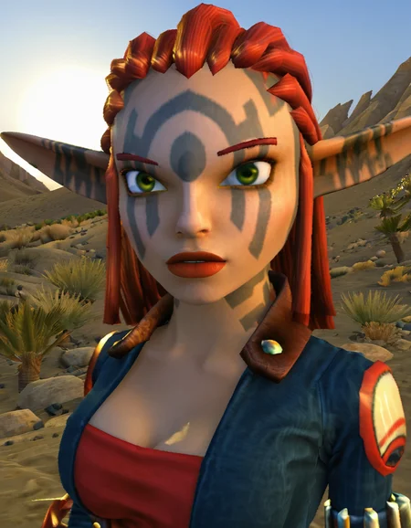 1girl, woman, red hair, face tattoo, elf, pointy ears, green eyes,
looking at viewer, standing
BREAK
3D, real life photo, cinematic video,
outdoors, desert, sun, sky
BREAK
(masterpiece), (high-resolution), (best quality), (detailed), (beautiful scene), newest, very aesthetic <lora:PS2_Jak3_Pony:1>
