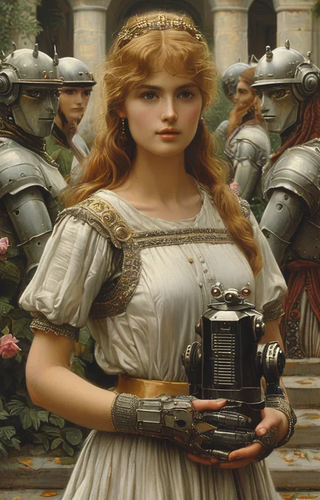 masterpiece,best quality,<lora:tbh201-sdxl:0.9>,illustration,style of Edmund Leighton
 portrait of Housework robots